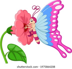 Cartoon butterfly with flowers on a white background