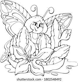 Cartoon Butterfly girl with a succulent plant, black and white isolated vector doodle stock illustration, print for coloring, books, greeting / invitation card, t-shirt, fabric, logo, website or apps