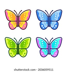 Cartoon butterfly icon set in different colors. Simple flat design vector illustration.