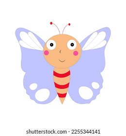 Cartoon butterfly illustration. Cute smiling character for childish design. Flat vector illustration isolated on a white background.