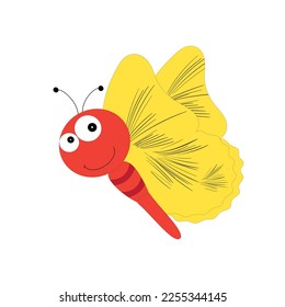 Cartoon butterfly illustration. Cute smiling character for childish design. Flat vector illustration isolated on a white background.