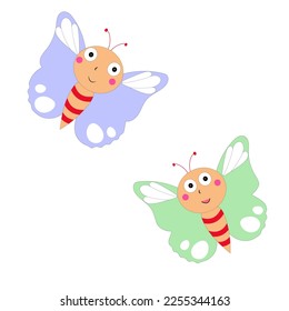 Cartoon butterfly illustration. Cute smiling character for childish design. Flat vector illustration isolated on a white background.
