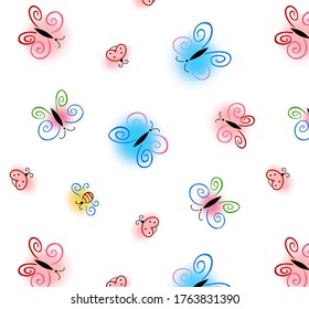 Cartoon butterfly and ladybug pattern image, vector illustration, small big orb as a background