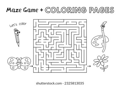Cartoon butterfly maze game. Vector coloring book pages for children