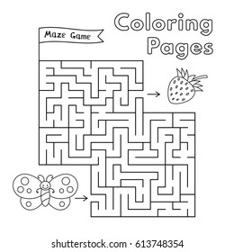 Cartoon butterfly maze game. Vector coloring book pages for children