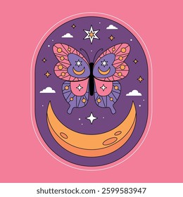 Cartoon butterfly with moon and star badge