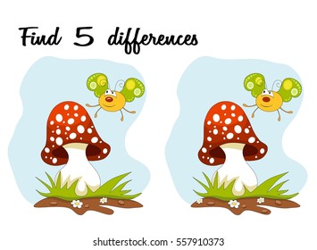 Cartoon butterfly and mushroom over blue sky. Find 5 differences. Educational Game for children
