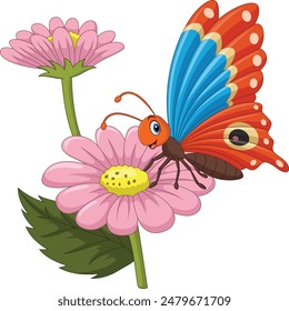 Cartoon butterfly on a pink flower