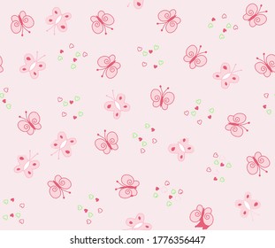 Cartoon butterfly pattern with smooth contours, vector illustration, heart shape drawing with smooth contours as ornament, irregular random position