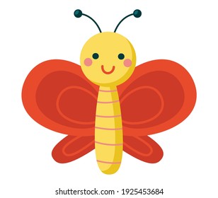 Cartoon butterfly with red wings. Cute smiling character for childish design. Flat vector illustration isolated on a white background