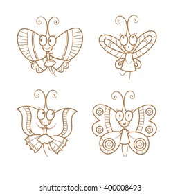 Cartoon butterfly set. Cute insects  collection. Children's illustration. Vector image. Coloring book.
