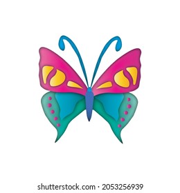 cartoon butterfly in trendy craft paper graphic style. Modern design for advertising, branding, greeting cards, covers, posters, banners. Vector illustration