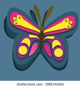 cartoon butterfly in trendy craft paper graphic style. Modern design for advertising, branding, greeting cards, covers, posters, banners. Vector illustration