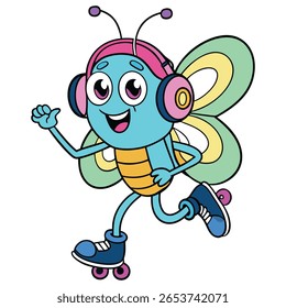 Cartoon butterfly wearing headphones roller skating