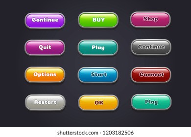 Cartoon buttons. Colorful video game ui elements. Restart and continue, start and play button set. Illustration of game web, gui button for menu