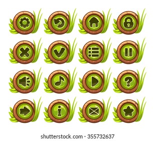 Cartoon buttons menu set with green middle and grass decoration, isolated on white