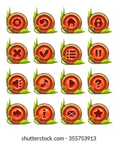 Cartoon buttons menu set with red middle and floral decoration, isolated on white