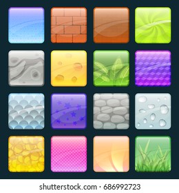 Cartoon buttons set with different textures. Vector elements for game design