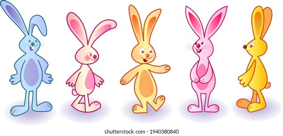Cartoon bynny vector illustrations set. Collection of stylized cartoon rabitts isolated on white background.