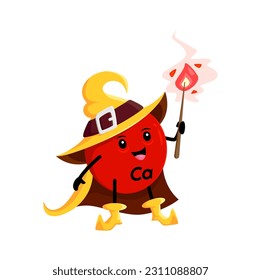 Cartoon Ca mineral micronutrient wizard character. Isolated vector calcium mage or warlock nutrient capsule personage wear witch hat and cloak casting spell with wand. Funny supplement wiz or sorcerer