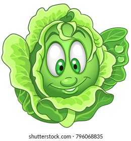 Cartoon Cabbage Character. Iceberg Lettuce. Happy Vegetable Symbol. Eco Food Icon. Emoji Expression. Design Element For Kids Coloring Book, Colouring Page, T-shirt Print, Logo, Label, Patch, Sticker.