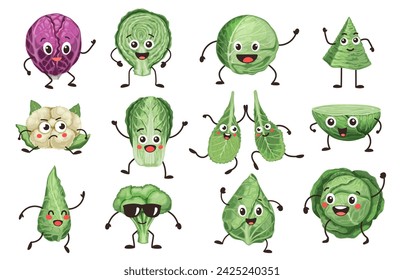 Personajes de repollo de dibujos animados. Caras de verduras con diferentes emociones, divertidas coles de Bruselas y caras de coliflor con emociones. Conjunto de personajes vectoriales de col vegetal ilustración fresca