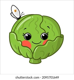 Cartoon cabbage head, vegetables, fruits cute characters isolated on white background vector illustration. Cute Funny Fruit face icon vector collection for kids. Food emoji. Funny food concept.