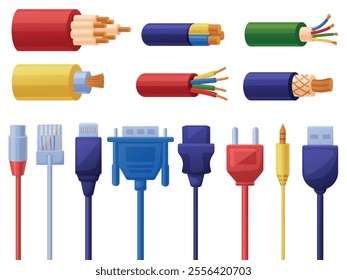 Cartoon cables and connectors. Power transmission electrical elements. Hdmi usb cable, various copper wires. Modern technologies nowaday vector set