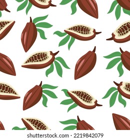 Cartoon cacao pattern. Seamless print of abstract cocoa beans chocolate products organic food concept for package design. Vector texture. Natural ingredient for desserts and drinks