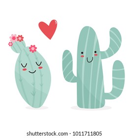 Cartoon cacti in love with  funny faces. Can be used for cards, invitations, t shirt  prints
