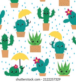 Cactus de dibujos animados en macetas con paraguas.