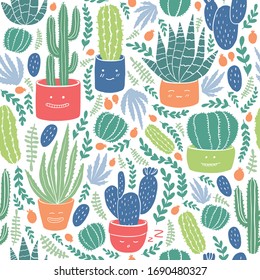 Dibujo de cactus sin fisuras sobre fondo blanco. Cactus y suculentos con hojas y bayas. Impresión textil floral en colores verde, azul y naranja.