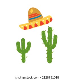 Cartoon cacti, sombreros. Cute hand drawn vector illustration. Mexicano symbol touristic design element