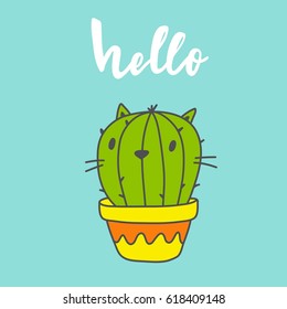 Cartoon Cactus Cat. Cool Print