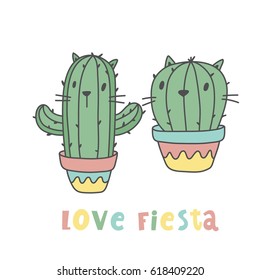 Cartoon cactus cat. Cool print love fiesta