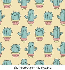 Cartoon Cactus Cat. Cool Print