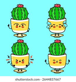 Cartoon cactus character expressing varied emotions smiling, crying, fuming, dozing in playful graphic illustration style