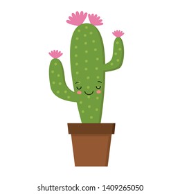 Cartoon cactus character with flower and cute face. Kawaii potted plant vector illustration.
