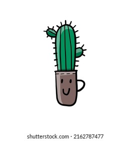 Cartoon cactus character. Kawaii potted plant for your design