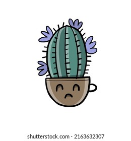 Cartoon cactus character. Kawaii potted plant for your design