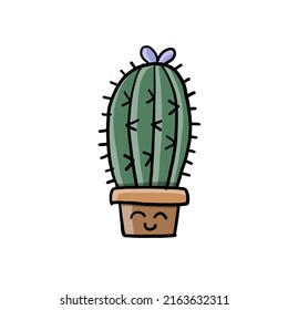 Cartoon cactus character. Kawaii potted plant for your design