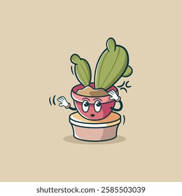 A cartoon cactus character in a pot looks worried and surprised, its arms raised in a gesture of concern.