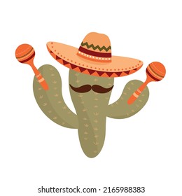 cartoon cactus character in sombrero and with maracas 