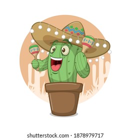 cartoon cactus character wearing sombrero hat and playing shaker music instrument