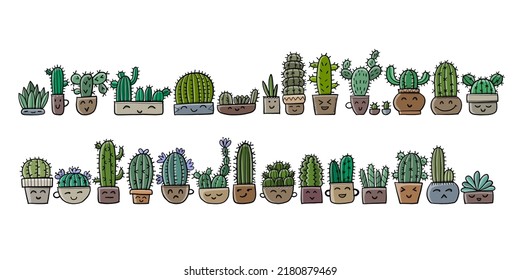 Cartoon cactus characters. Kawaii potted plant. Art background for your design