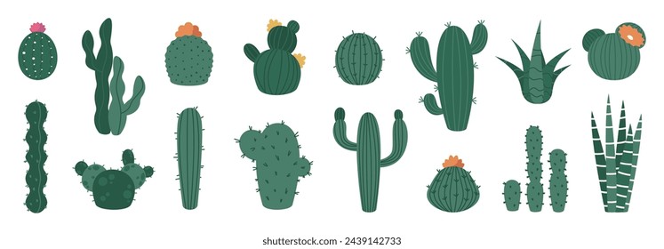 Cartoon cactus. Cute prickly plant with flowers, mexican desert flora decorative icons, organic decorative elements for summer design. Vector isolated set