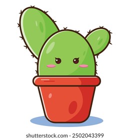 Cartoon cactus. Cute succulent or cacti plant with happy funny face, tropical smiling flower sticker, mexican plants color vector characters. Desert prickly plant badges in pots isolated on white.