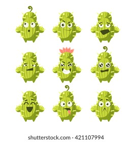 Cartoon Cactus Emoji Set Of Flat Isolated Funny Vector Icons In Childish Style 