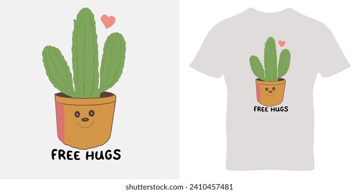 Caricatura Cactus. Abrazos gratis de texto y caricatura de cactus verdes en la olla aislados en fondo violeta. 
Diseño de estilo plano. Dibujo de color. Concepto para la impresión de niños de verano. Ilustración del vector de diseño de camisetas.
