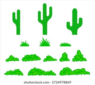 Cactus de dibujos animados y hierba aislada sobre fondo blanco